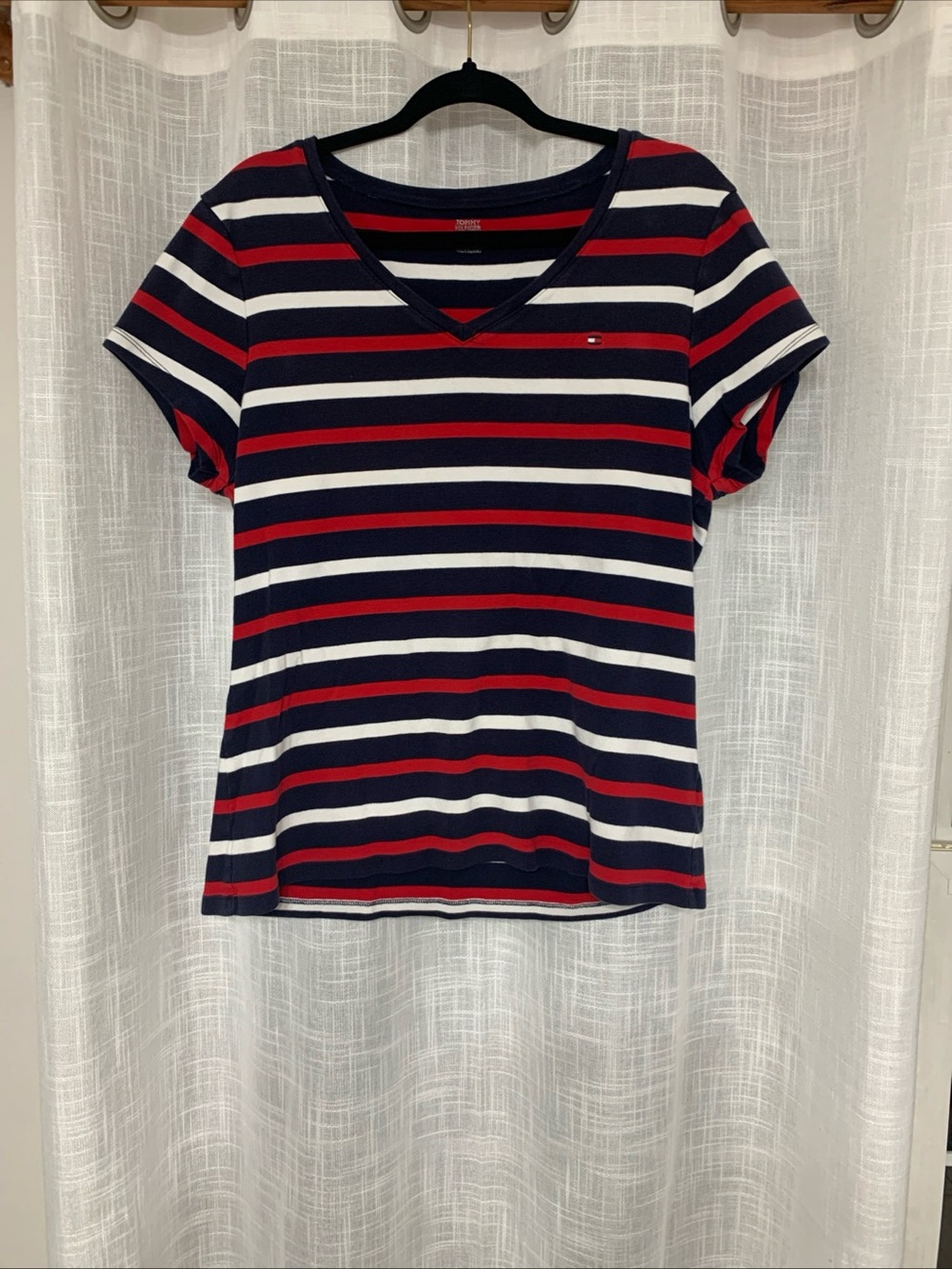 Tommy Hilfiger Navy Red White Striped V‑Neck Short Sleeve Tee